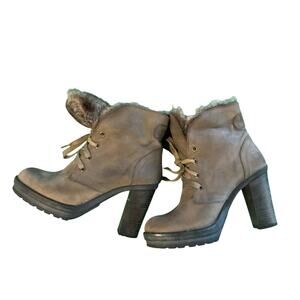 VENEZIA Women's Gray Leather Fur Lined Lace-up 4” chunky heel Ankle Boots 39
